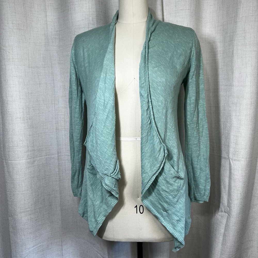 Eileen Fisher Knit Linen Blend Open Long Cardigan Sweater Teal Blue Green‎ Small